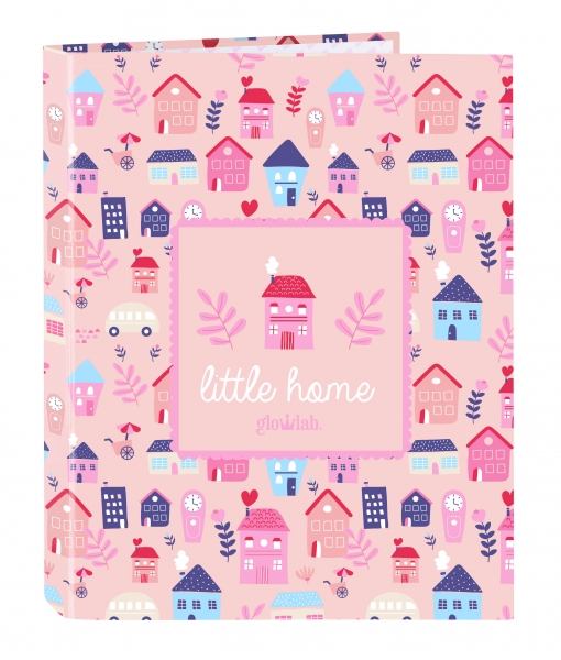 carpeta tamaño folio con anillas estrechas para niña color rosa con dibujos de casitas