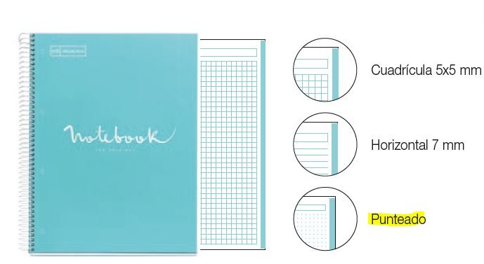 cuaderno a5 con espiral y hojas microperforadas con puntitos y dos taladros y margen color pastel