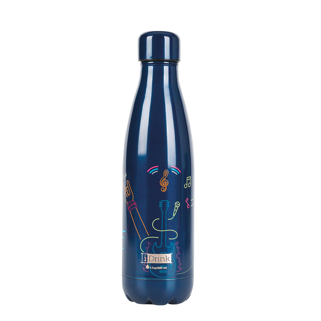 Botella metálica tipo termo que mantiene las bebidas frías y calientes con diseño de guitarra eléctrica