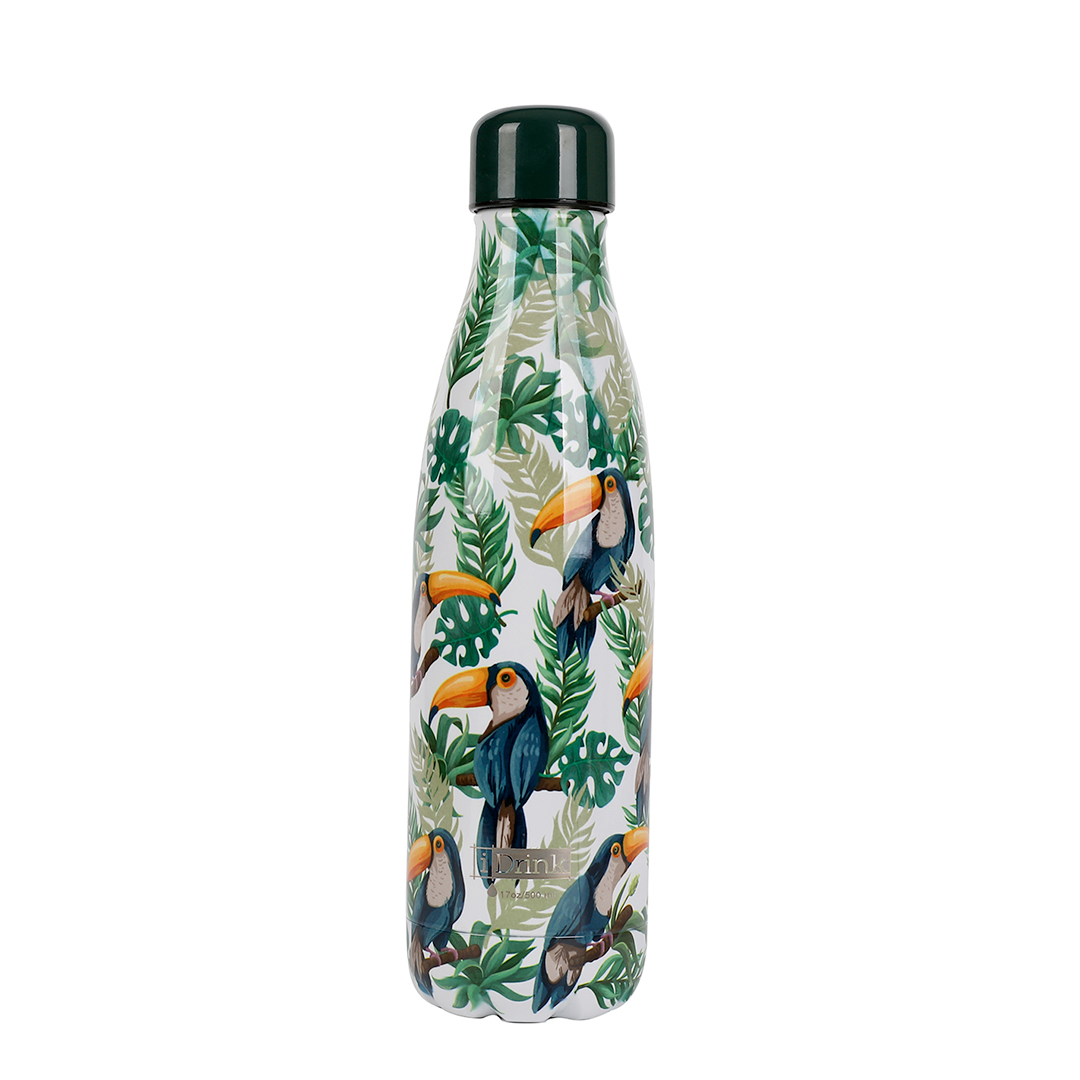 botella de metal tipo termo para conservar las bebidas frías y calientes con modelo selva floral tucan