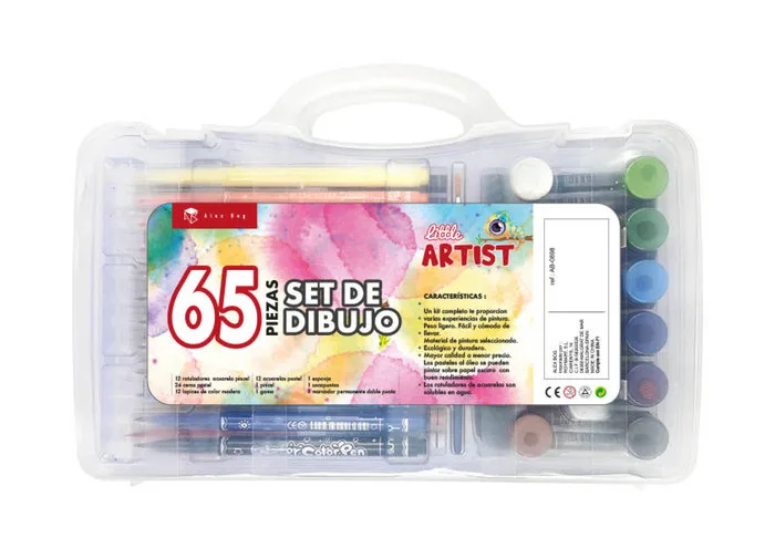 caja de regalo con rotuladores, lapices, acuarelas y pinturas para dibujo