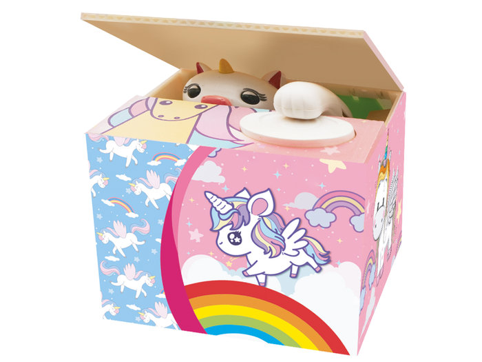 hucha con forma de caja que se abre cuando acercas una moneda y sale un unicornio y con la pata se lleva la moneda