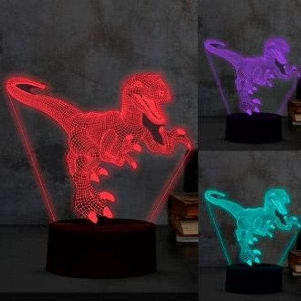 olograma de luz led 3D con forma de dinosaurio que parece una lámpara de colores al aire con relieve