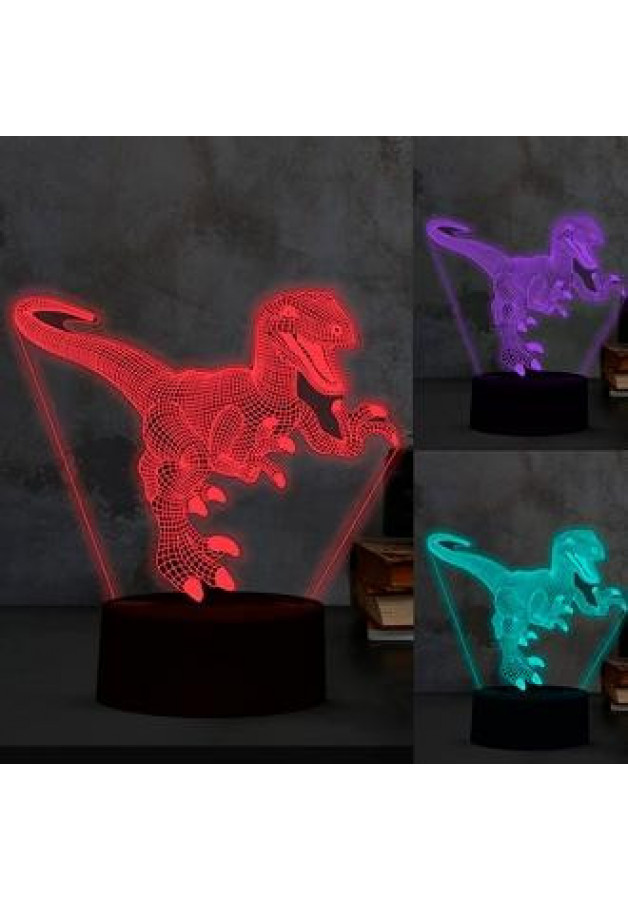 olograma de luz led 3D con forma de dinosaurio que parece una lámpara de colores al aire con relieve