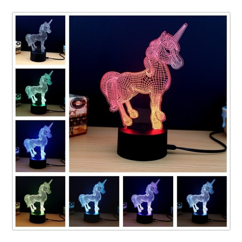 figura de unicornio de luz 3D para mesita de noche que cambia de color